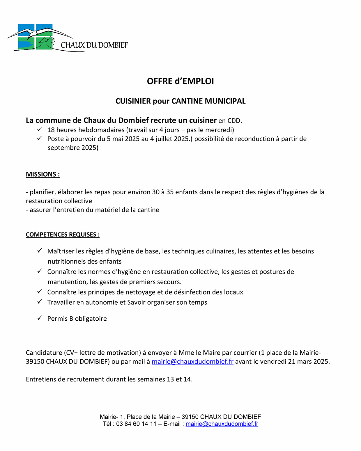 Offre d'emploi - Cuisinier municipal